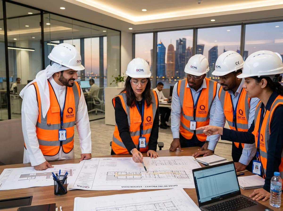 Al Marafiq Trading and Contracting Co engineering, site management team, and certified manpower supervisors discussing infrastructure blueprints on a Qatar construction site