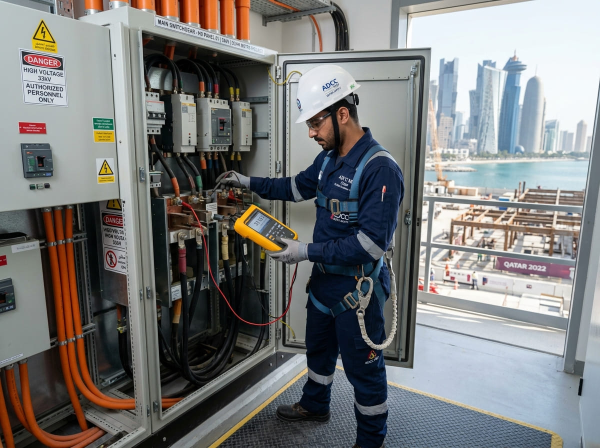 Certified MEP electrical engineer and certified technician conducting HVAC panel installation and maintenance for commercial facility in Doha, Qatar