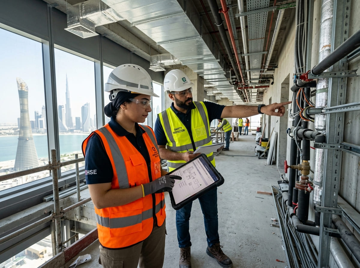 Quality assurance control auditor evaluating safety compliance, technical drafting blueprints, and trade skills standards for Al Marafiq Qatar workforce