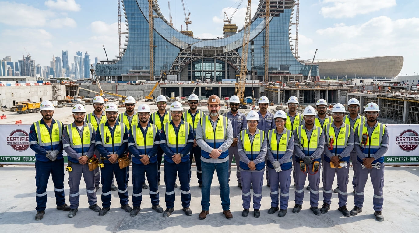 Vast Doha infrastructure construction site with certified civil and MEP manpower supply workers executing contracting project operations under open skies